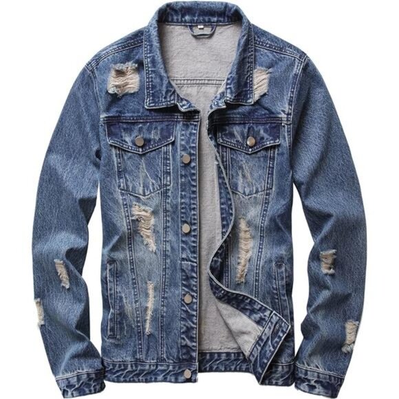 Medium Wash Distressed Jean Jacket Ripped Acid Wash Slim Denim Trucker Jacket